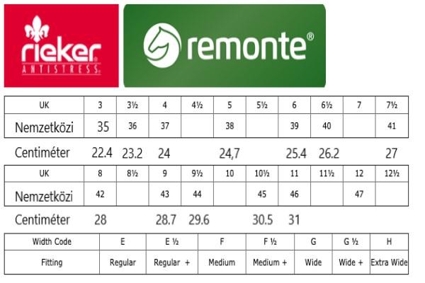 Rieker női bélelt bakancs mérettáblázat